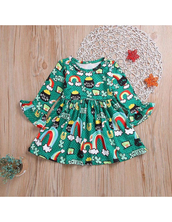 Child Cartoon Rainbow Cute Dress Spring Flare Sleeve Cotton Girls Clothing