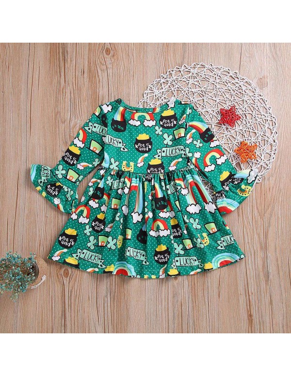 Child Cartoon Rainbow Cute Dress Spring Flare Sleeve Cotton Girls Clothing