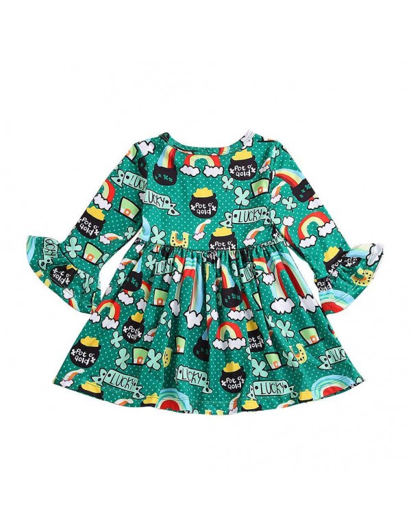 Child Cartoon Rainbow Cute Dress Spring Flare Sleeve Cotton Girls Clothing