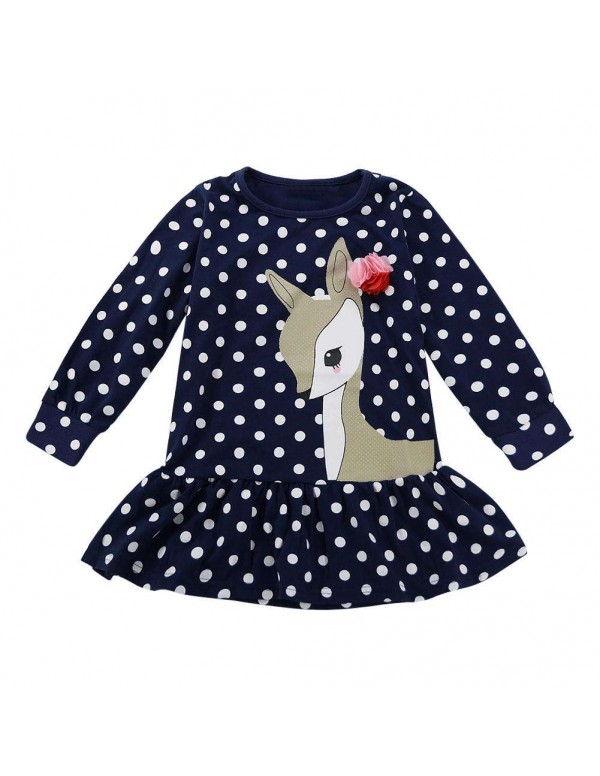 Child Girl Cartoon Animal Printed Long Sleeve Dots Princess Cotton Dresses