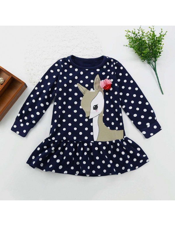 Child Girl Cartoon Animal Printed Long Sleeve Dots Princess Cotton Dresses