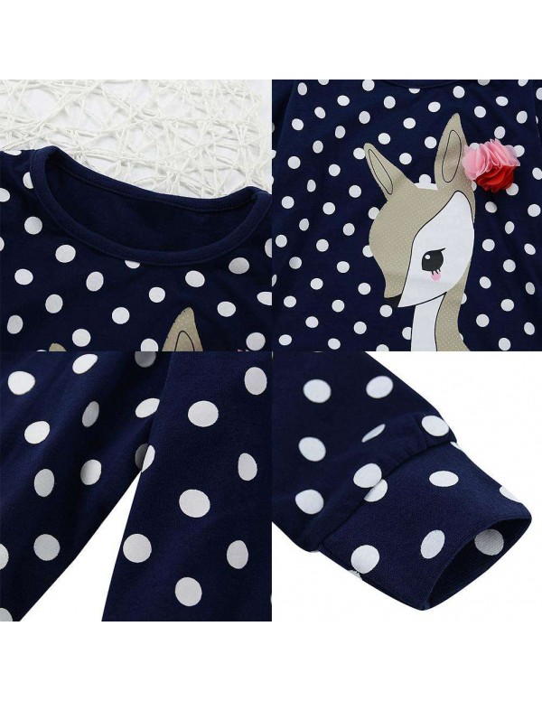 Child Girl Cartoon Animal Printed Long Sleeve Dots Princess Cotton Dresses