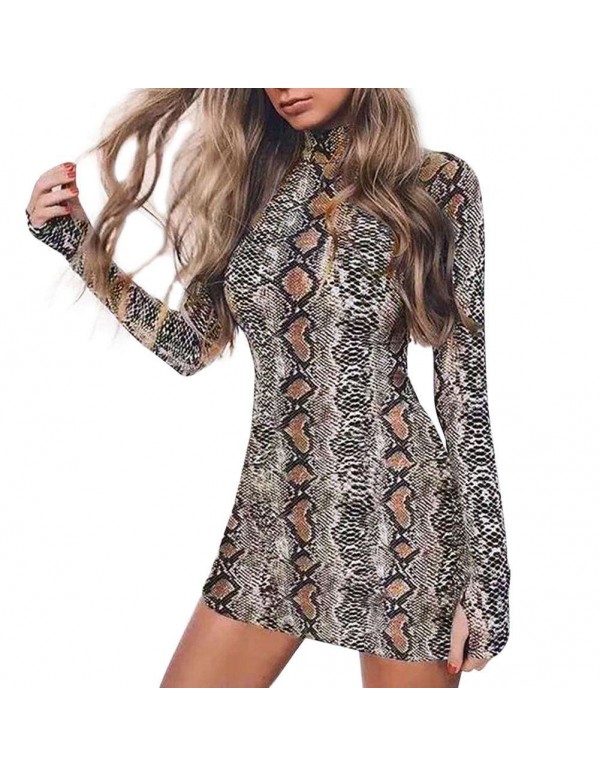 Sexy Snake Skin Print Hip-wrapped Dress Stand Collar Bodycon Clothing