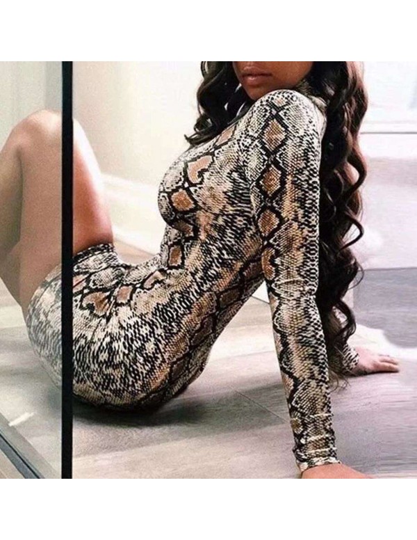 Sexy Snake Skin Print Hip-wrapped Dress Stand Collar Bodycon Clothing