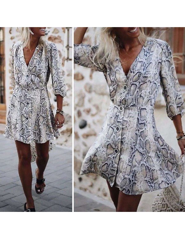 Sexy V Neck Snake Skin Print Dress 3/4 Sleeve Front Buttons Clothing