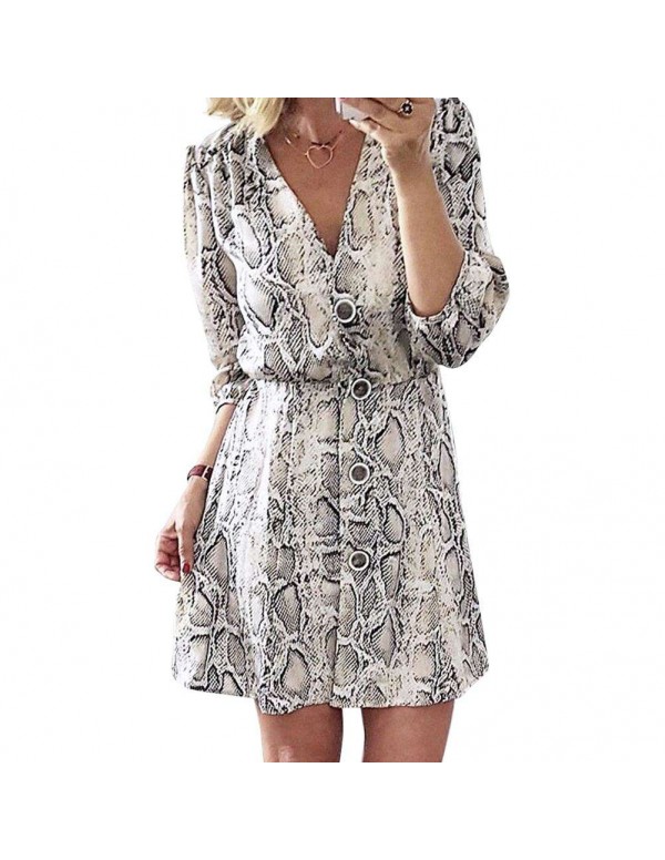 Sexy V Neck Snake Skin Print Dress 3/4 Sleeve Front Buttons Clothing