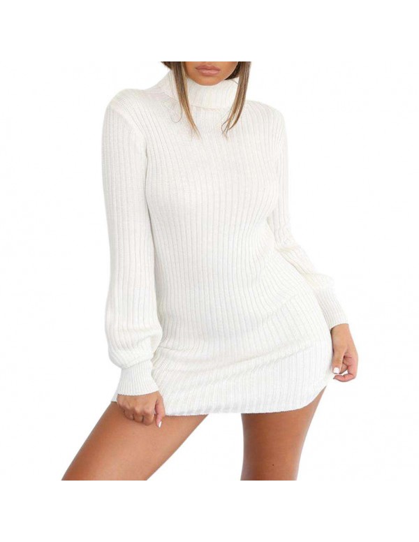 Turtleneck Long Sleeve Knitted Dress Sexy Sweater Mini Dresses