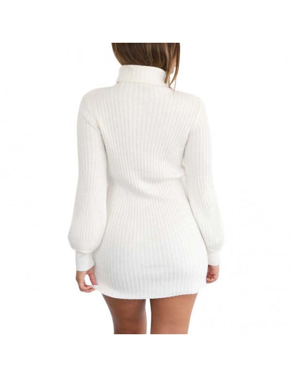 Turtleneck Long Sleeve Knitted Dress Sexy Sweater Mini Dresses