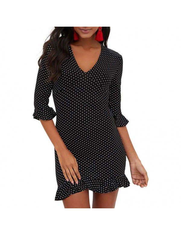 Elegant Bell Sleeve Fashion Polka Dot Print Mini D...