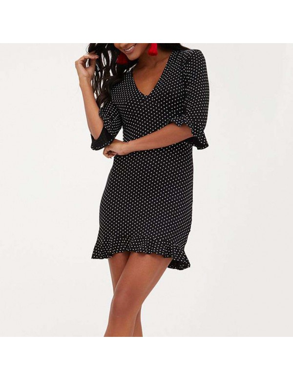 Elegant Bell Sleeve Fashion Polka Dot Print Mini Dress Party Clothing