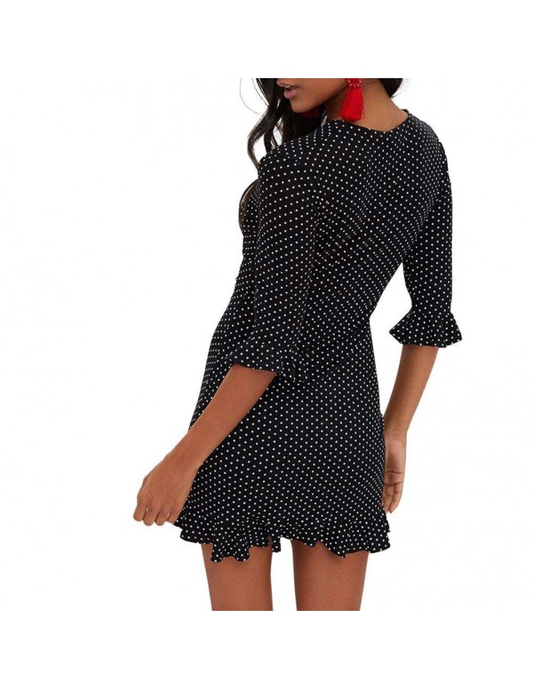 Elegant Bell Sleeve Fashion Polka Dot Print Mini Dress Party Clothing