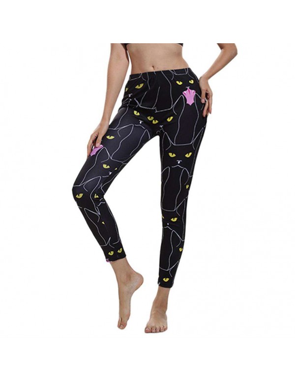 Sexy Sports Yoga Pants Cartoon Cat Print Trousers Stretch Leggings (S