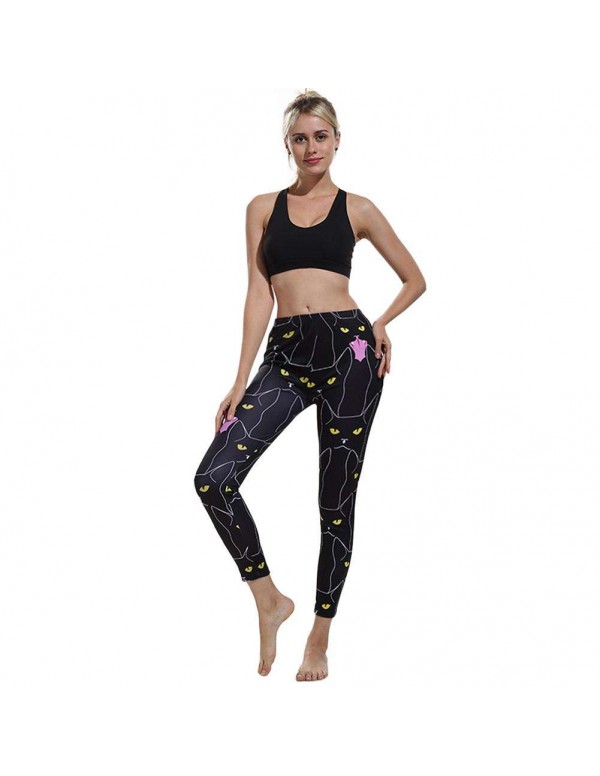 Sexy Sports Yoga Pants Cartoon Cat Print Trousers Stretch Leggings (S