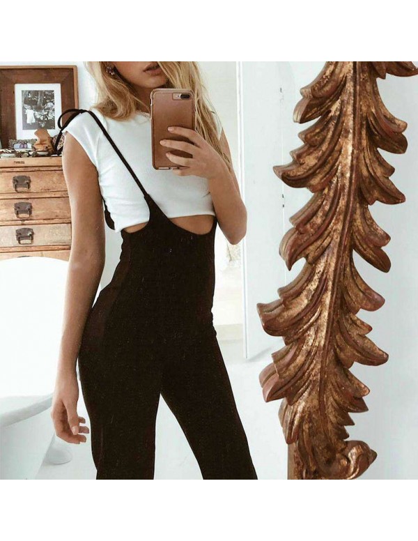 Casual High Waist Wide Leg Pants New Lace Up Overalls Trousers (S)