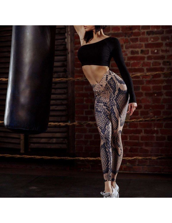 Fitness Leggings Snake Print Push Up High Waist Workout Trousers (S)