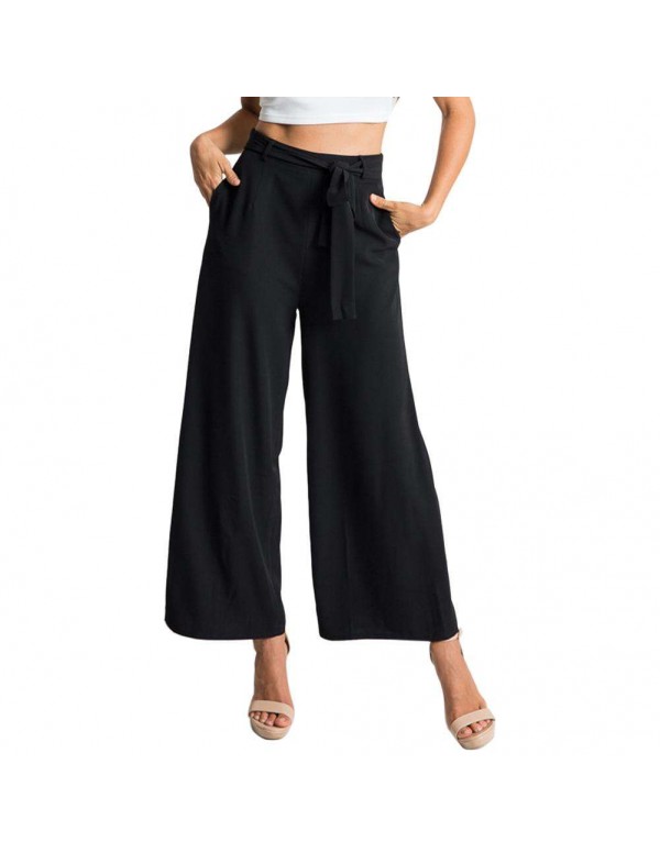 High Waist Wide Leg Pants Sexy Loose Solid Color Ninth Pants (Black L