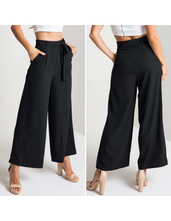 High Waist Wide Leg Pants Sexy Loose Solid Color Ninth Pants (Black L