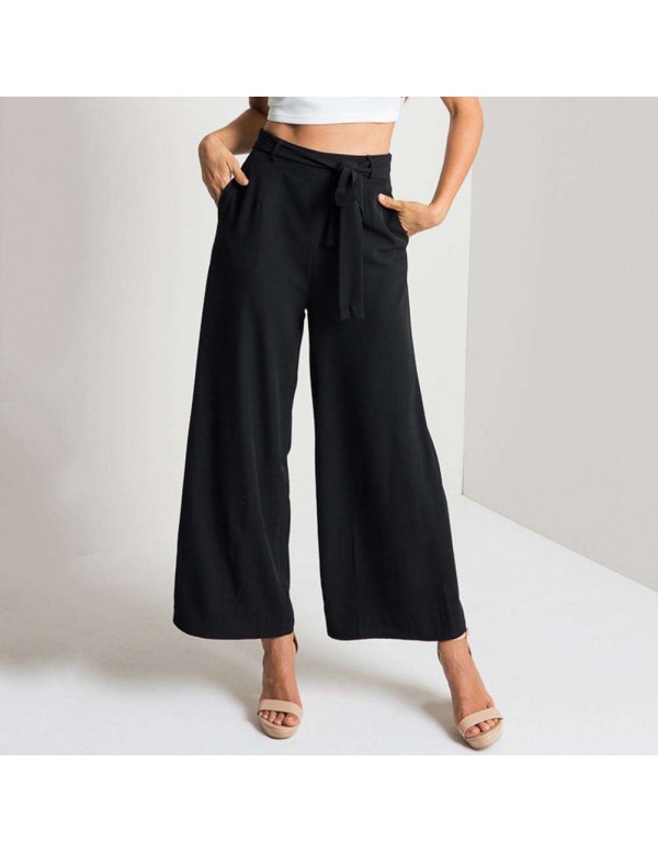 High Waist Wide Leg Pants Sexy Loose Solid Color Ninth Pants (Black L