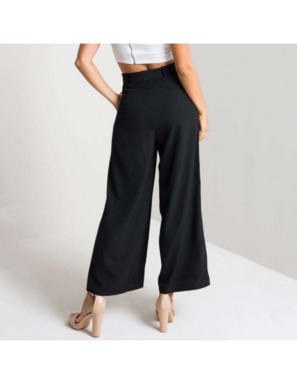 High Waist Wide Leg Pants Sexy Loose Solid Color Ninth Pants (Black L