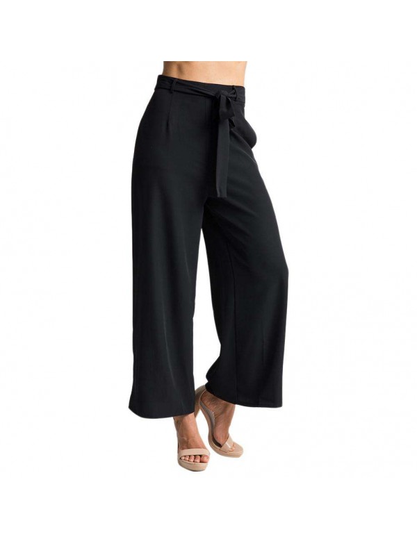 High Waist Wide Leg Pants Sexy Loose Solid Color Ninth Pants (Black L