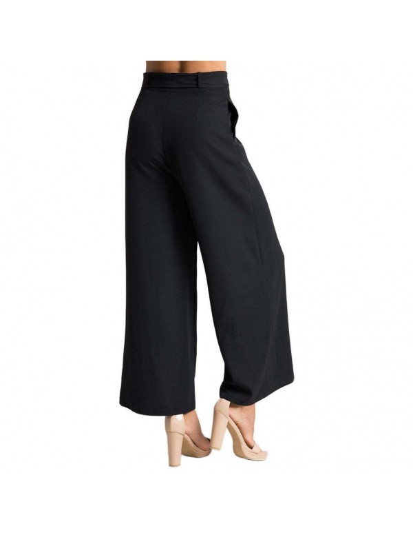 High Waist Wide Leg Pants Sexy Loose Solid Color Ninth Pants (Black L