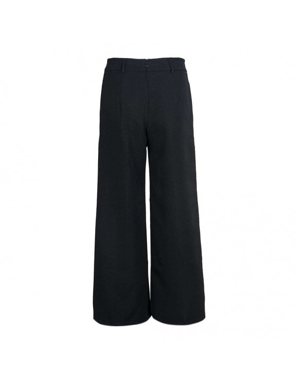 High Waist Wide Leg Pants Sexy Loose Solid Color Ninth Pants (Black L