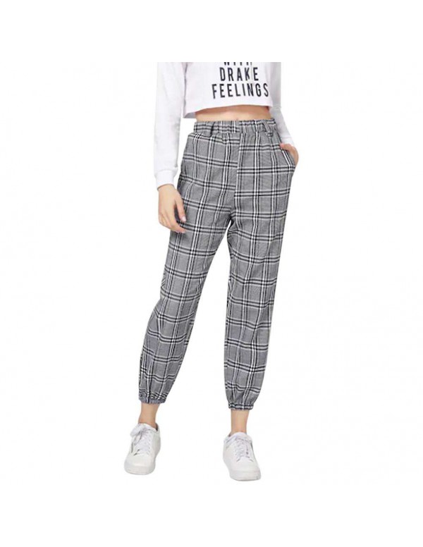 Plaid Print Harem Pants Casual Capris High Waist N...