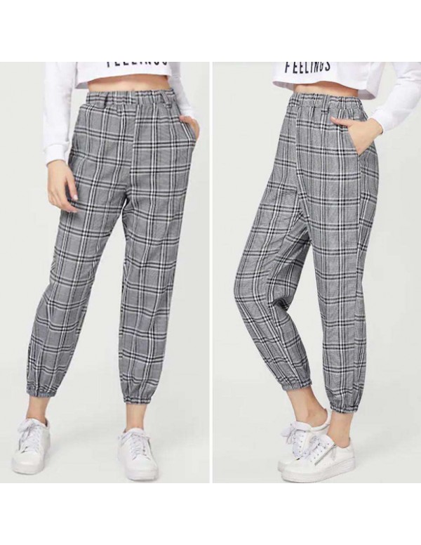 Plaid Print Harem Pants Casual Capris High Waist New Trousers (S)