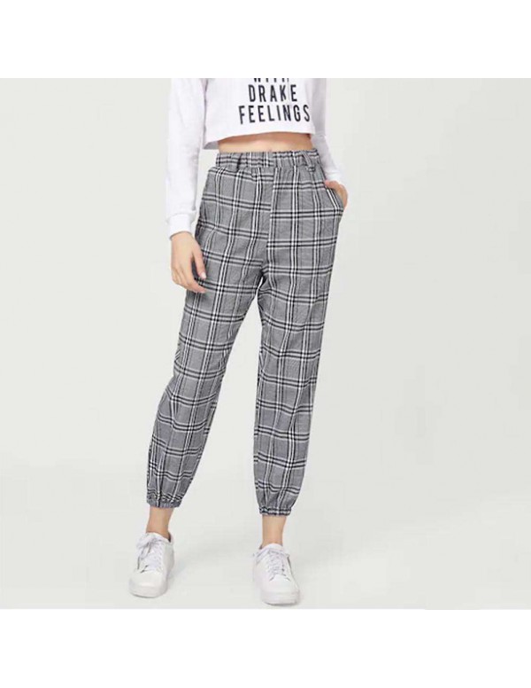 Plaid Print Harem Pants Casual Capris High Waist New Trousers (S)