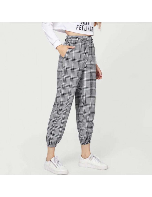 Plaid Print Harem Pants Casual Capris High Waist New Trousers (S)