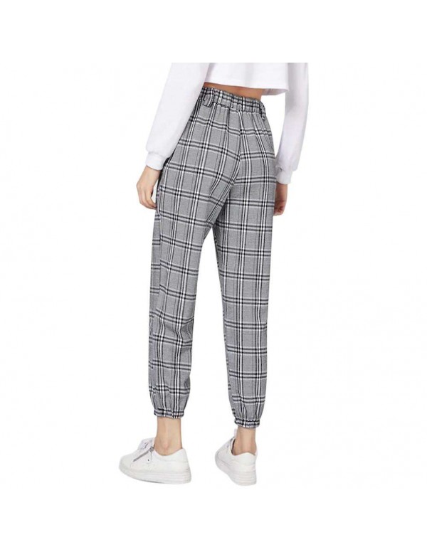 Plaid Print Harem Pants Casual Capris High Waist New Trousers (S)