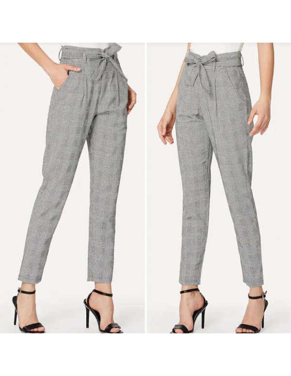 Plaid Print Harem Pants Capris High Waist New Belt Trousers (S)