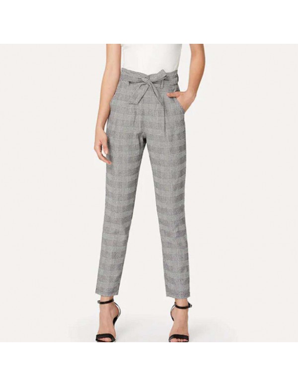 Plaid Print Harem Pants Capris High Waist New Belt Trousers (S)