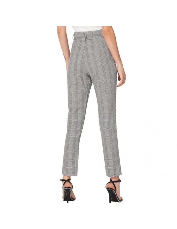 Plaid Print Harem Pants Capris High Waist New Belt Trousers (S)