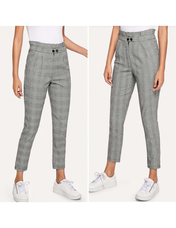 Office Lady Plaid Print Harem Pants High Waist Capris Trousers (S)