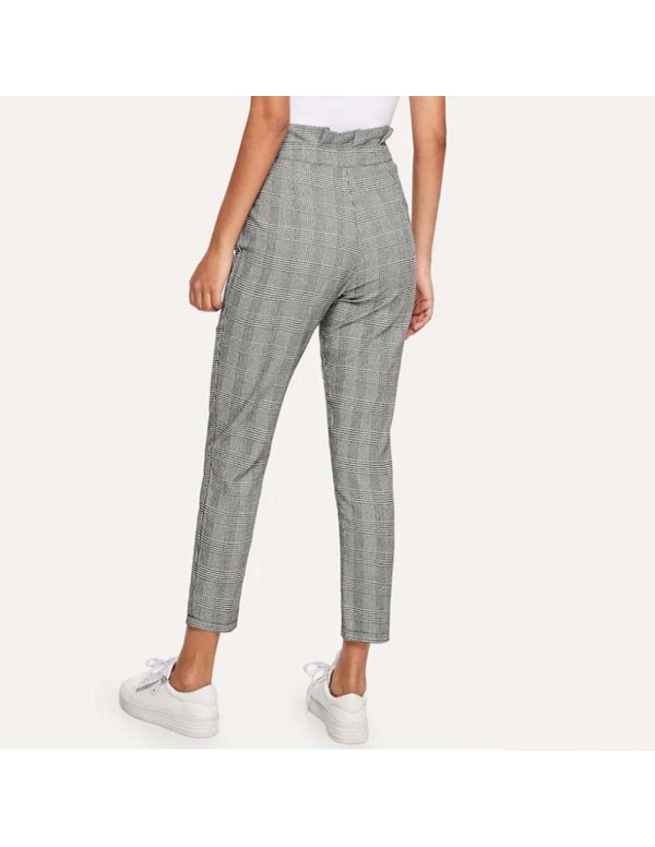 Office Lady Plaid Print Harem Pants High Waist Capris Trousers (S)