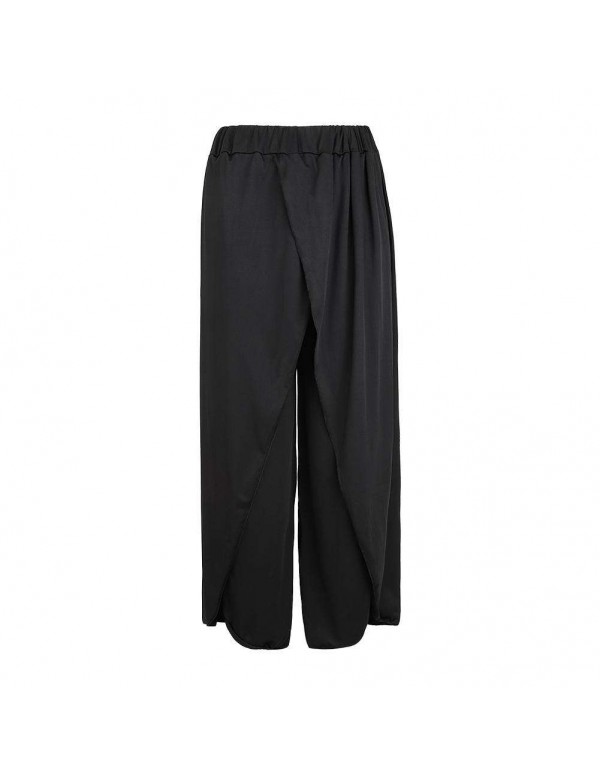 Irregular Wide Leg Trousers Casual High Split Yoga Pants (Black S)