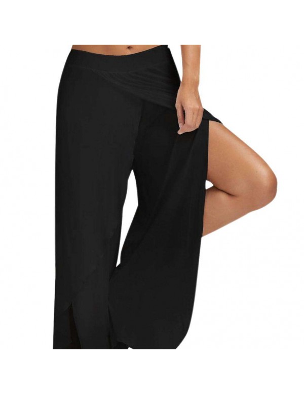 Irregular Wide Leg Trousers Casual High Split Yoga Pants (Black S)