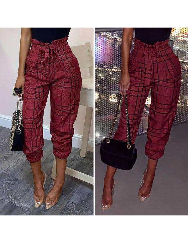 Plaid Pants Casual High Waist Lace-up Tunic Slim Daily Trousers (S)