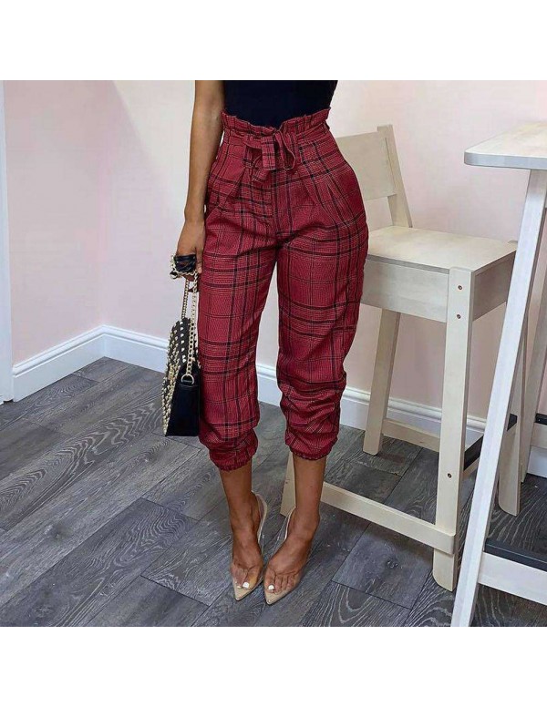 Plaid Pants Casual High Waist Lace-up Tunic Slim Daily Trousers (S)