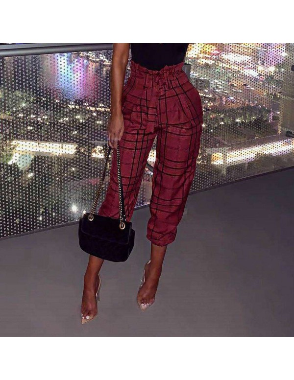 Plaid Pants Casual High Waist Lace-up Tunic Slim Daily Trousers (S)