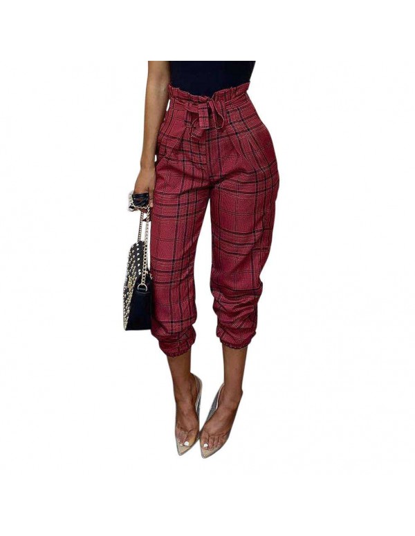 Plaid Pants Casual High Waist Lace-up Tunic Slim Daily Trousers (S)