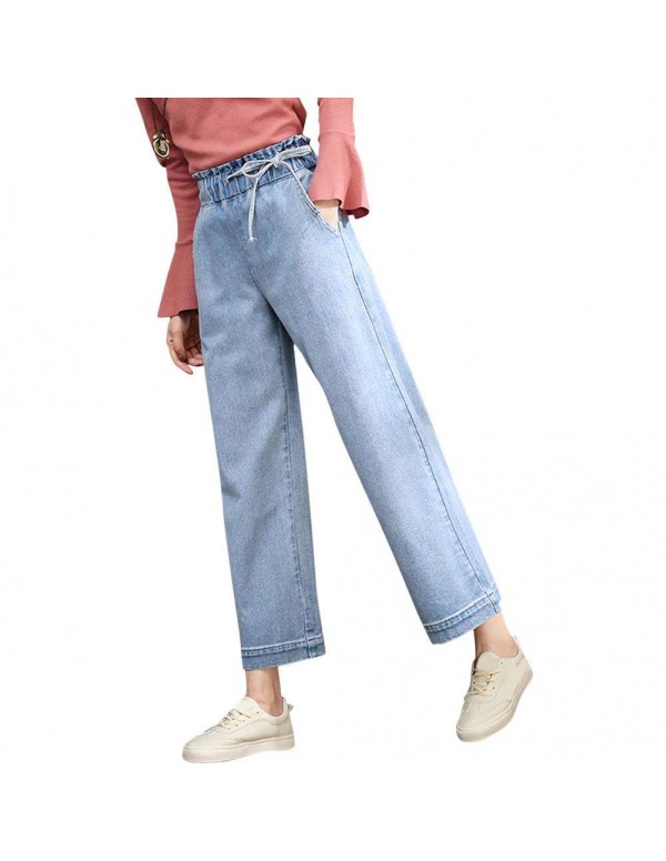 Jeans Fashion Loose High Waist Elastic Wide Leg Denims (Sky Blue M