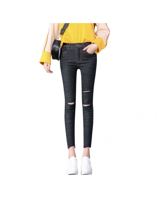 Fashion Hole Jeans High Waist Stretch Tight Pencil...