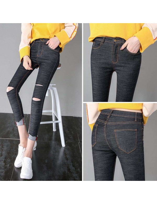 Fashion Hole Jeans High Waist Stretch Tight Pencil Pants (Black M