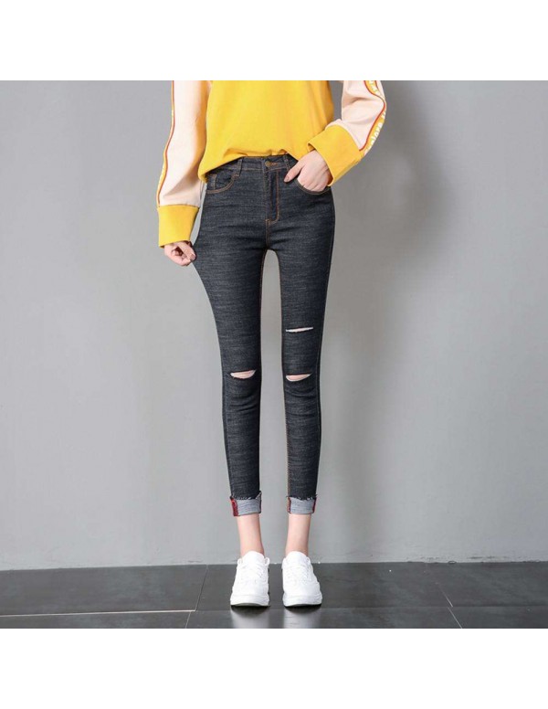 Fashion Hole Jeans High Waist Stretch Tight Pencil Pants (Black M