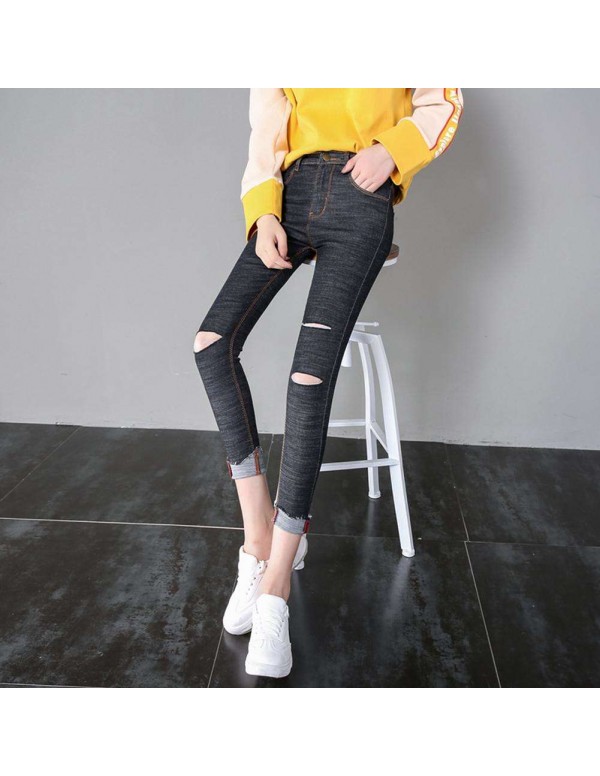 Fashion Hole Jeans High Waist Stretch Tight Pencil Pants (Black M