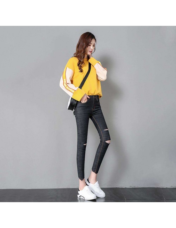 Fashion Hole Jeans High Waist Stretch Tight Pencil Pants (Black M