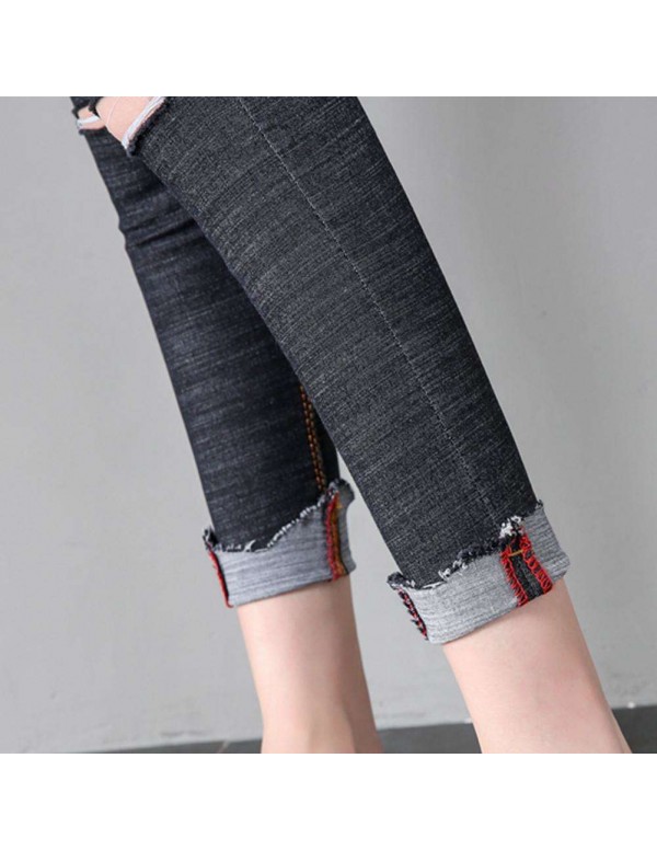 Fashion Hole Jeans High Waist Stretch Tight Pencil Pants (Black M