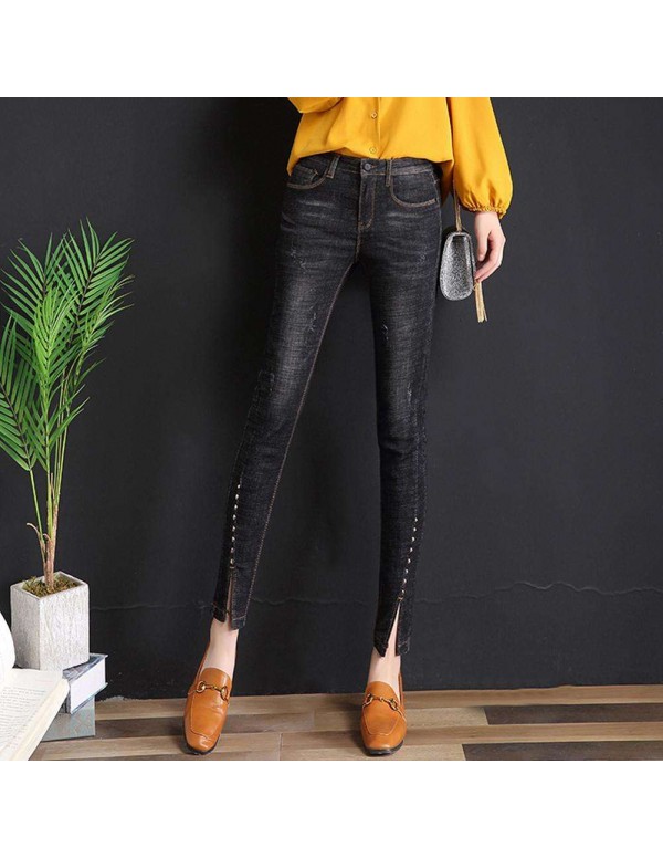 Fashion Jeans High Waist Stretch Low Split Pencil Pants (Black M